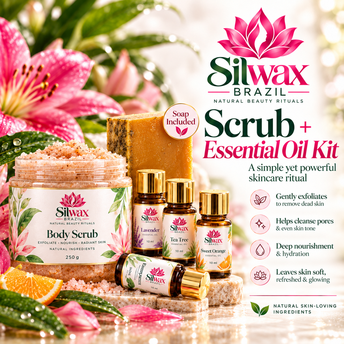 Scrub + Essential Oil Kit + Silwax Natural Soap Bar